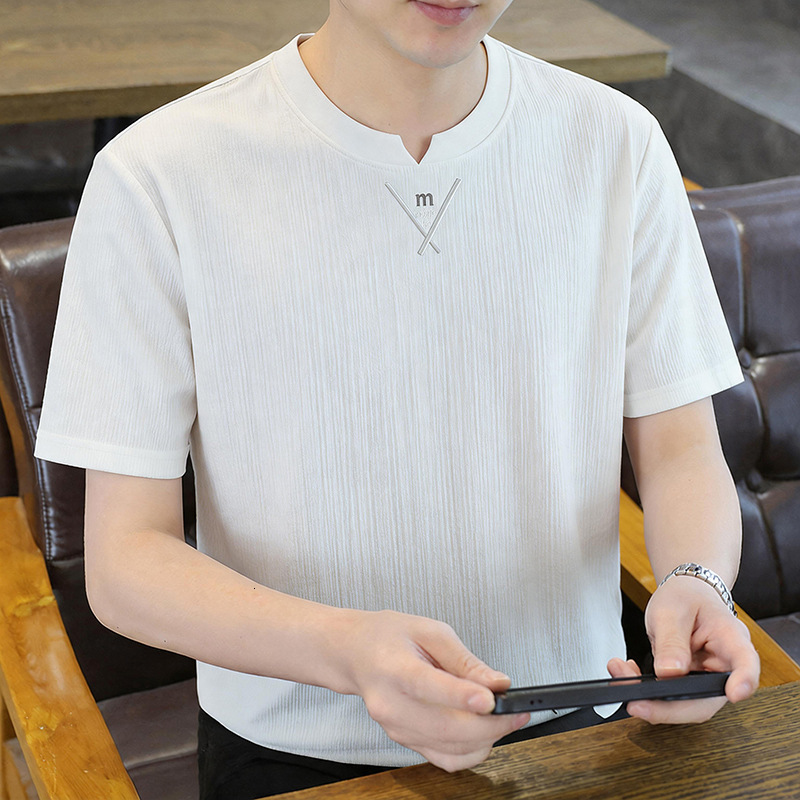 Round-Neck Short-Sleeve Summer Textured Pleated Thin Breathable Base Shirt, Men's Half-Sleeve T-Shirt
