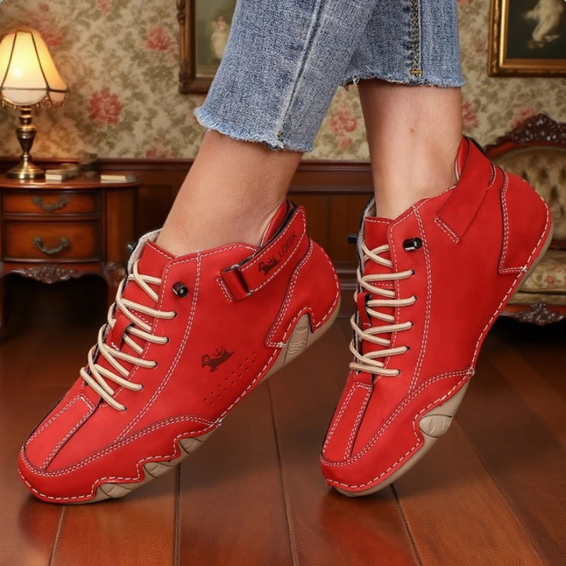 Womens Casual Leather High Top Ankle Shoes Unique Stitching Lace Up Walking Anti Slip y Retro Boots 260616 - view 5