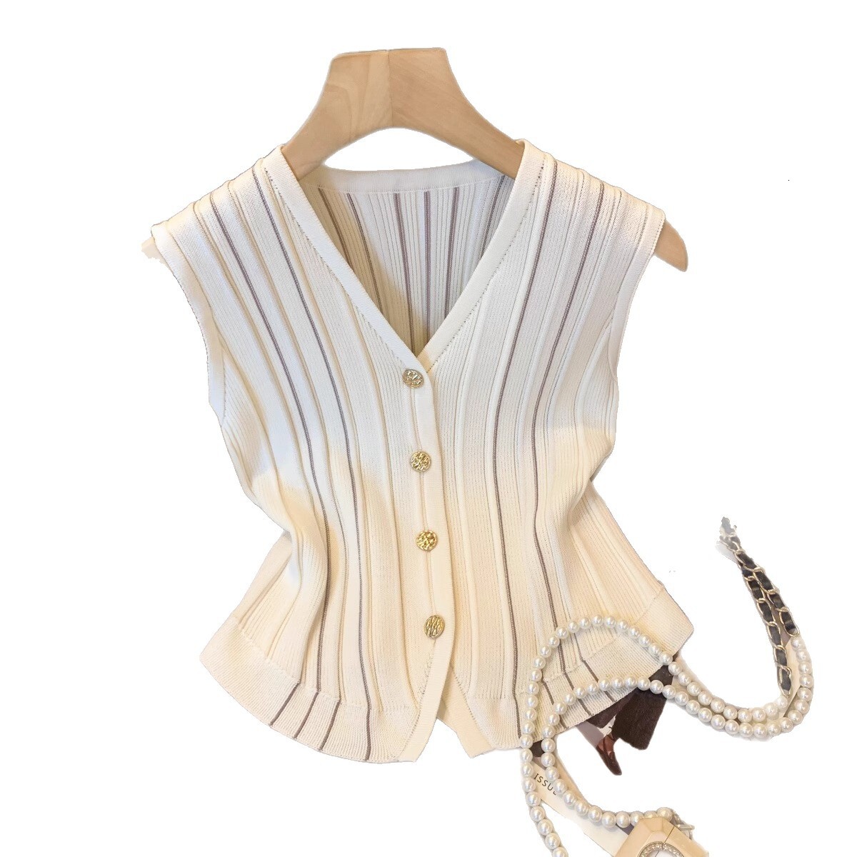French-Style Contrast Color Striped V-Neck Knitted Vest For Women, New Summer Model, High-End Sleeveless Top A4531 Sleeveless Top Sexy Suspenders - view 6