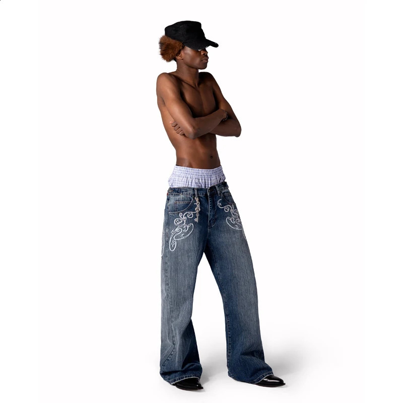 Y2k Blue Opening Bootcut Jeans Vintage Washed Embroidery Men Women Pants Harajuku High Street Streetwear Unisex Casual 260625 - view 7