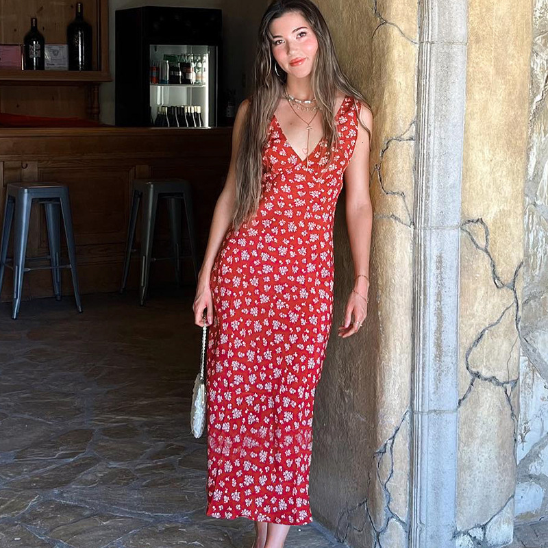 Womens Vacation Maxi Dress Womens Floral Print Deep V Waist Cinch Romantic Soft Long Gown For Women Daily Beach Picnic Wedding Date Outfits - view 1