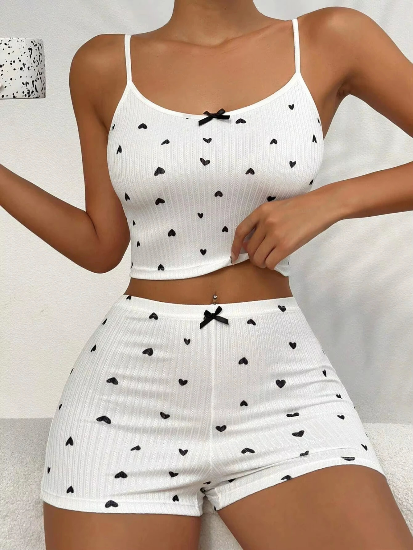 Spring Summer Sleepwear for Women Pajamas Heart Print Casual Backless Crop Cami Top High Waist Skinny Shorts Set Loungewear 260625 - view 5