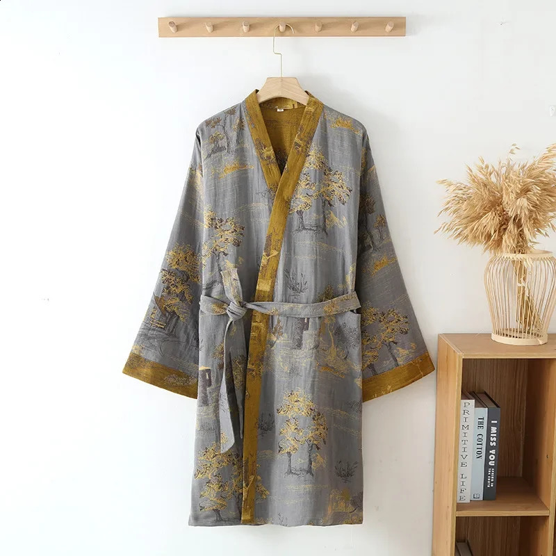 Cotton Kimono Robes with Belt for Mens Spring Jacquard Thin Printed Medium Length Breathable Summer Pajamas Mens Bathrobe260622 - view 3