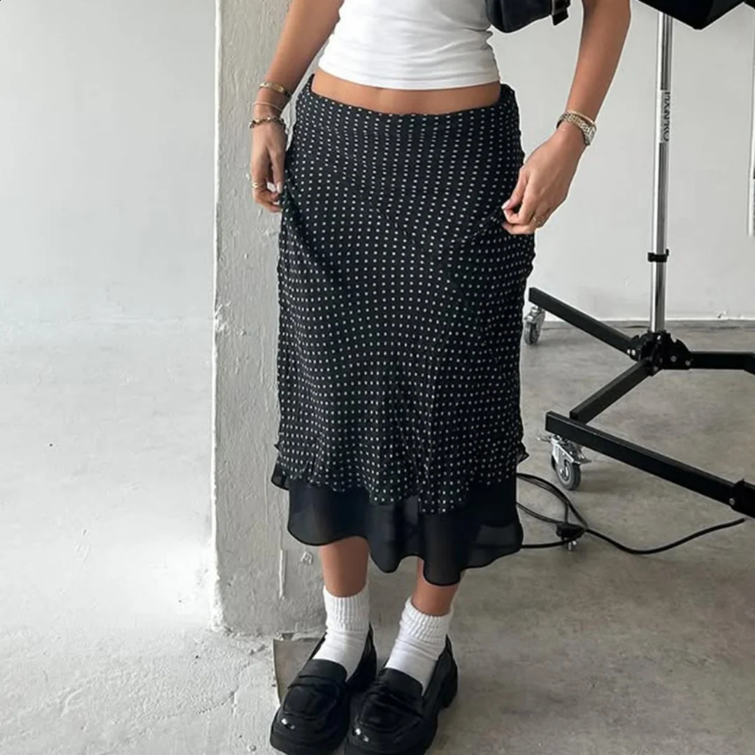 Chic Women Midi Skirt Polka Dot Double Layer High Waist Flowy Casual Elegant Skirts 2026 Spring Summer Street 260626 - view 4