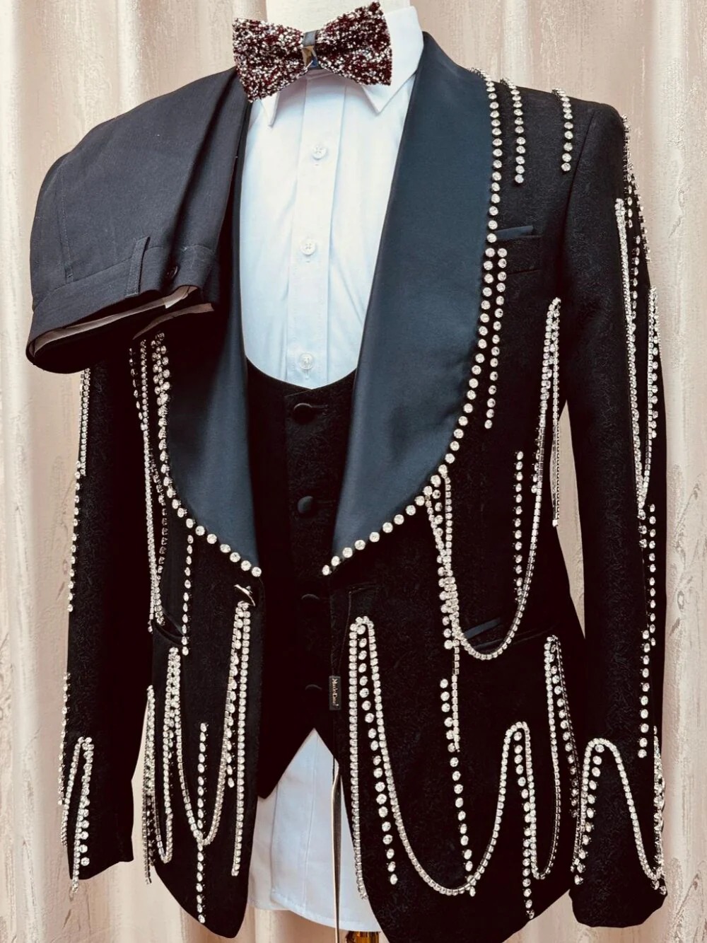 Stylish Men Suits Tailor-Made 2Pieces Shawl Lapel Jacket Rhinestone One Button Blazer Tassel Evening Party Customized Coat Pants Plus Size - view 6