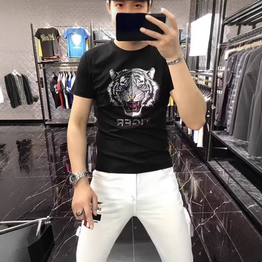 Summer High-End Men's Short-Sleeve T-Shirt New Tiger Head Design Light Luxury Rhinestone Trendy Versatile Fashion - view 4