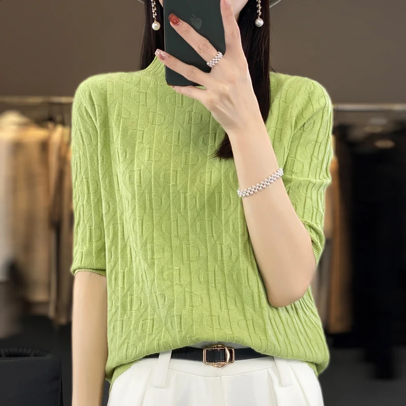Women Soft Diamond Letter n Sweater Half-high Collar Three Quarter Sleeve Pullover Spring Summer Casual Knit Slim Top 260626 - view 6