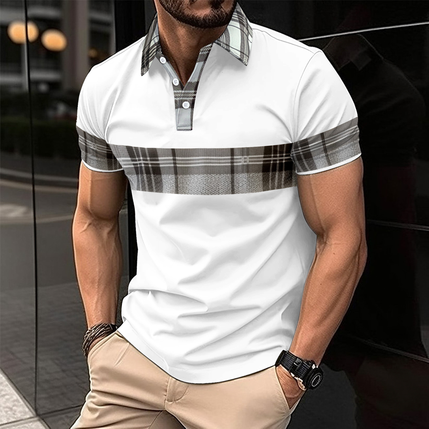 Men's Casual POLO Shirt, Fashionable V-Neck Buttoned Striped Short-Sleeve Patchwork Versatile T-Shirt2 - view 3