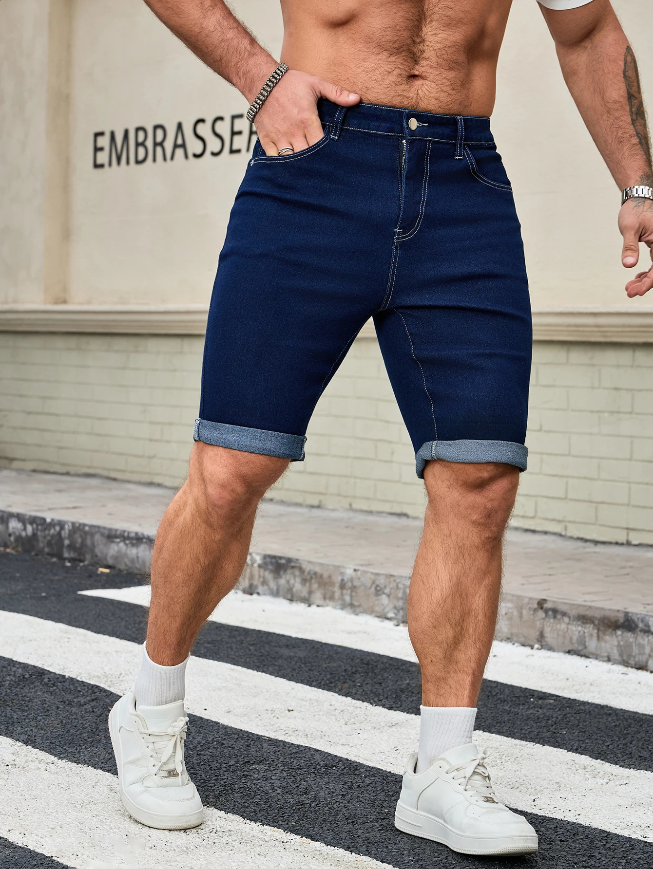 Mens Dark Blue Denim Shorts Straight Fit Rolled Hem Jean 260625 - view 7