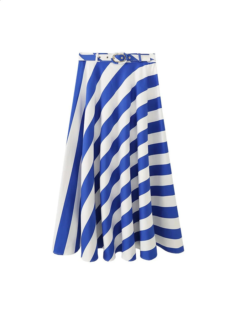 Elegant Women Striped Belt Skirt Chic Contrasting Colors Casual ALine 2026 Summer Fashion Ladies Holidays Midi Skirts 260626 - view 4