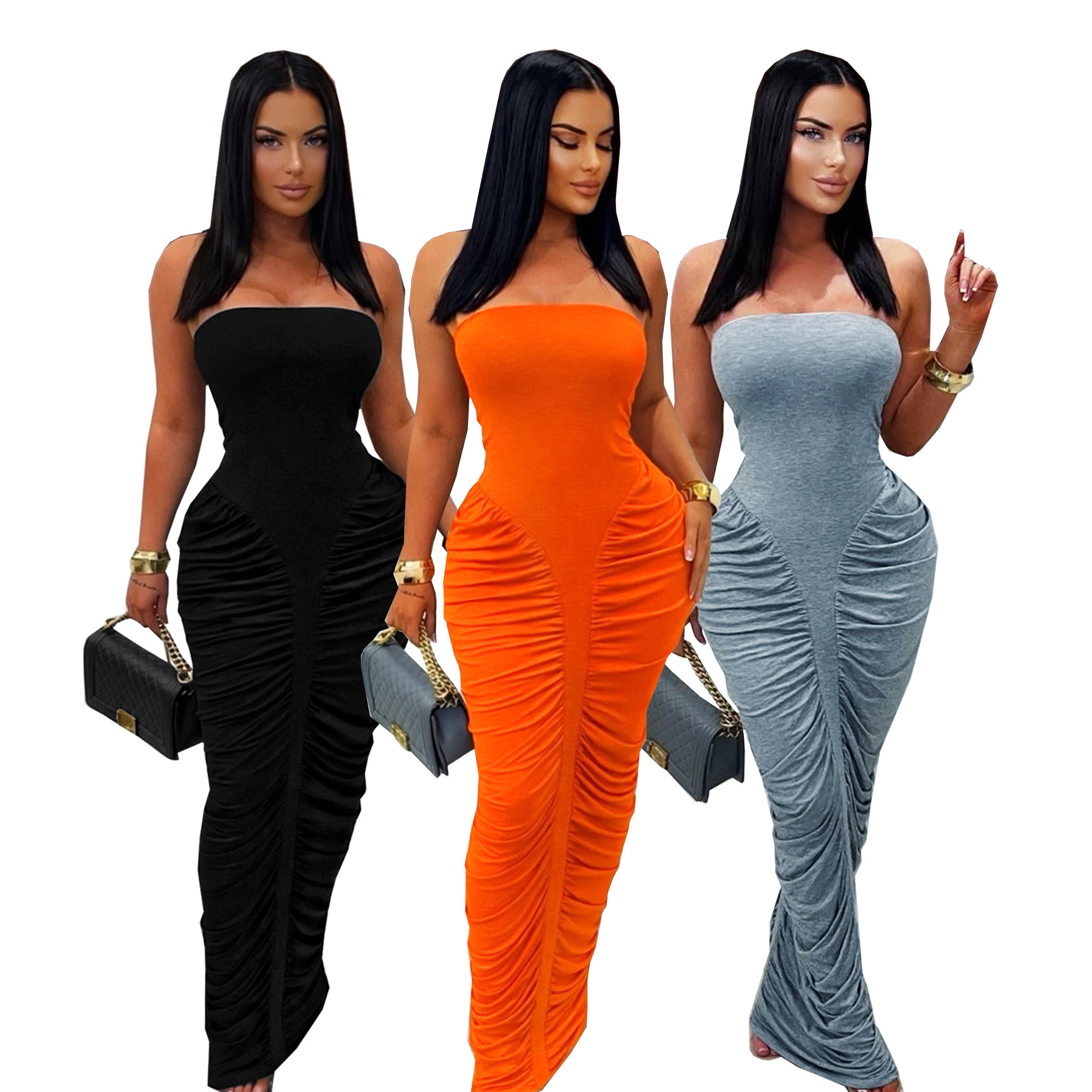 TW853 Womens Sexy Bodycon Long Dress with Wrap Chest and Pleated Design Solid Color Fashionable Casual Dress