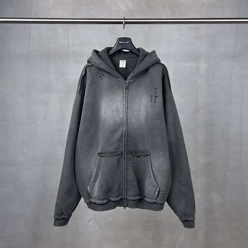 Men's Zip Up Hoodies Y2k Distressed Washed Oversize Cardigan Hoodie Plus Plush Tie-dye Fraying Hooded Sweatshirt Autumn Winter W260626 - view 6