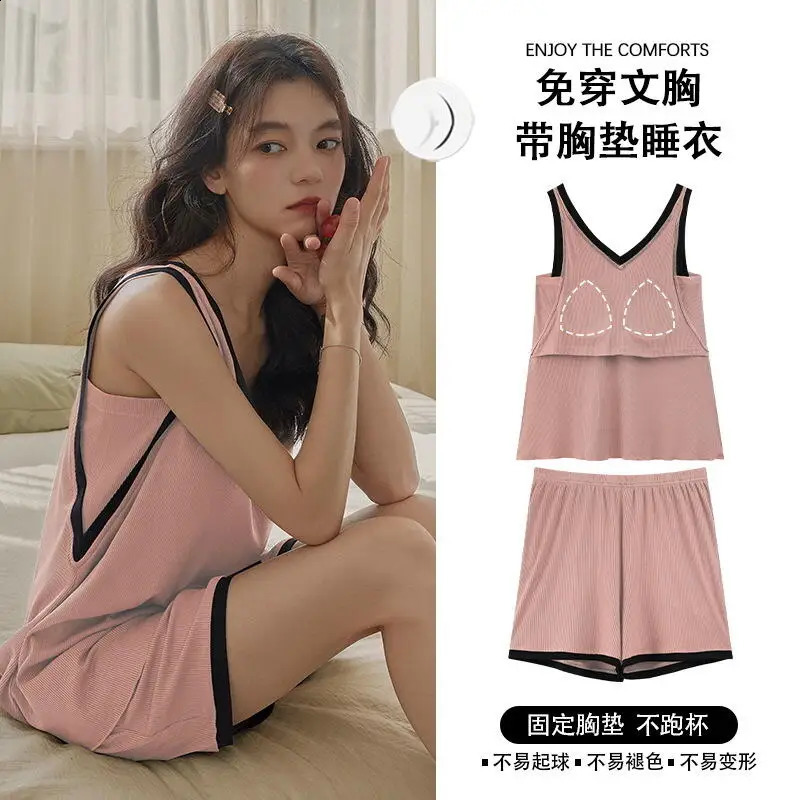 Summerwomen Thin Style with Builtin Chest Cushion Soft Comfort Sleepwear Set Sleeveless Vest Shorts Fashion Home Clothingset 260625 - view 5