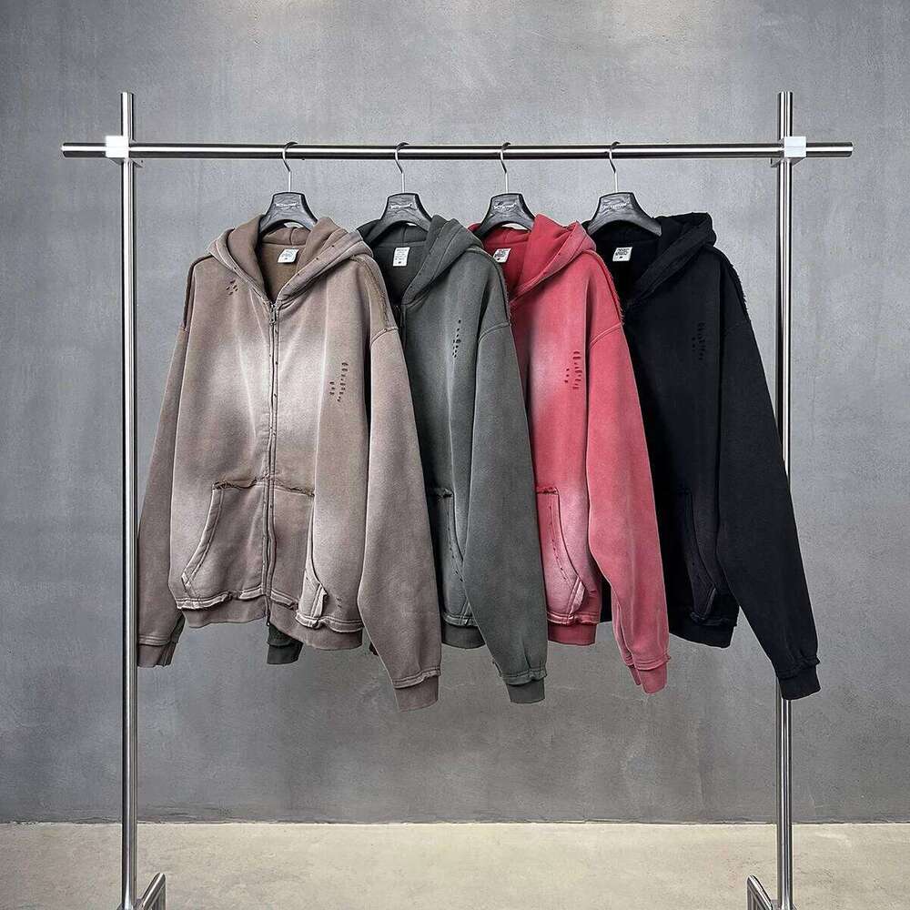 Men's Zip Up Hoodies Y2k Distressed Washed Oversize Cardigan Hoodie Plus Plush Tie-dye Fraying Hooded Sweatshirt Autumn Winter W260626 - view 4