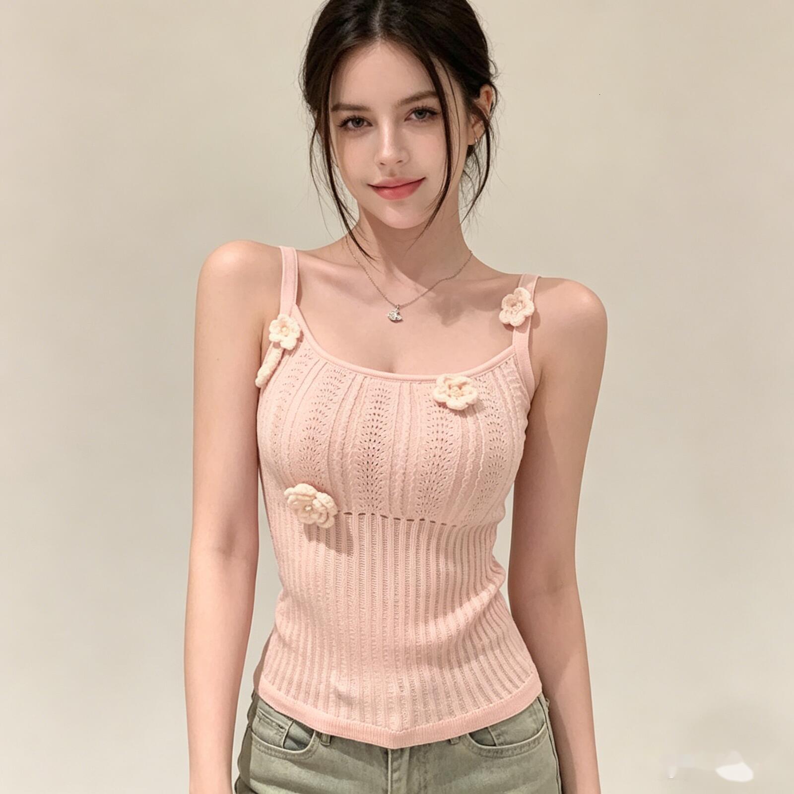 Womens Knit Camisole Top Womens 3D Floral Thin Strap Slim Fit Niche Layer Tank For Women Daily Summer Vacation Beach Casual Outfits