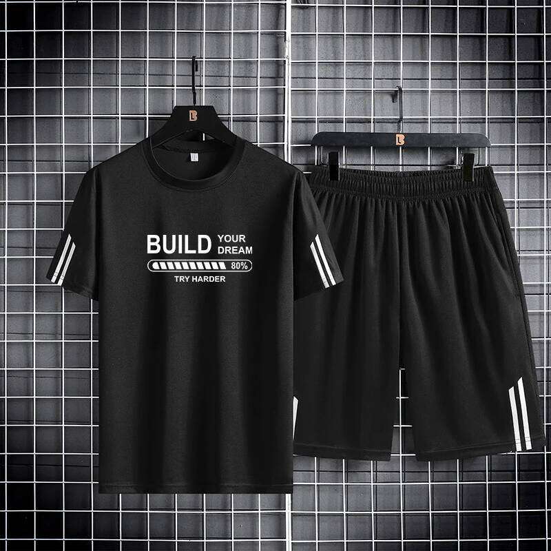 Ice Silk Quick Drying Sports Couple Three Bars Summer Thin Breathable Trendy Printed Short Sleeve Shorts Set of Two 26Y0626 - view 5