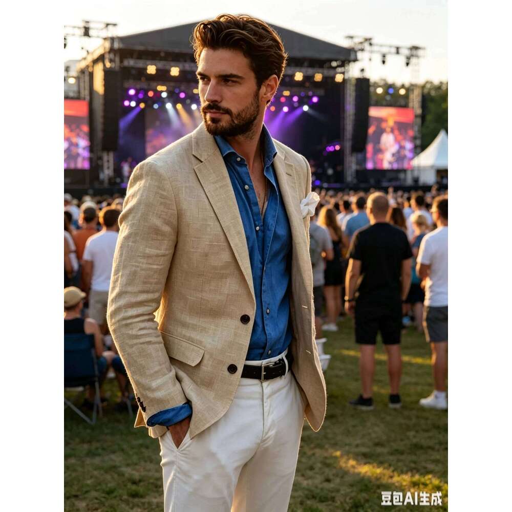Beige/Blue Linen Men Two Buttons Jackets Business Casual Suit One Coat New Spring Summer Formal Wear Slim Fit Blazer 26L0626 - view 4
