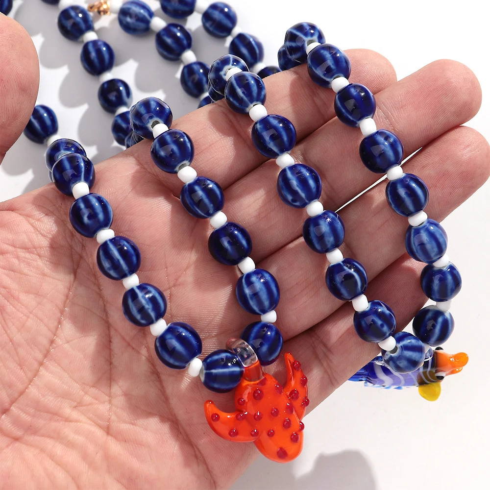 Creative Tropical Clownfish Cactus Pendant Necklace for Women Summer Trendy Round Ceramic Beads Chain Statement Jewelry Gift 260626 - view 4