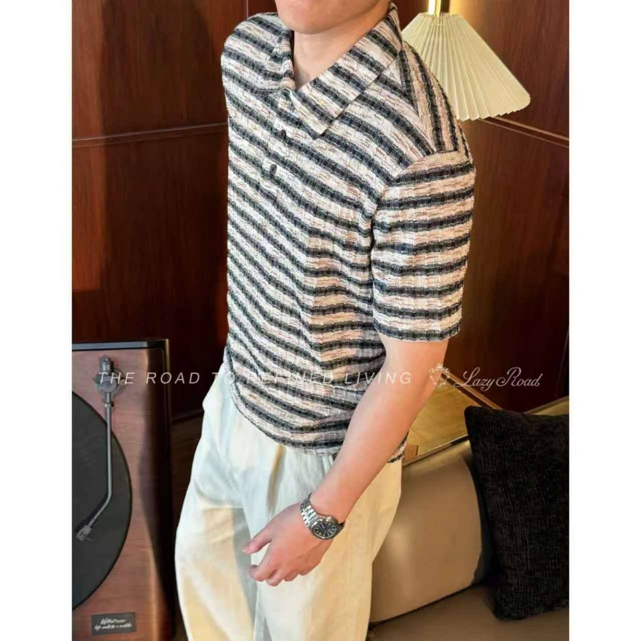 Striped Turn-Down Collar Short-Sleeve Polo Shirt For Men, Summer Versatile Casual Fashion Simple High-End T-Shirt - view 4