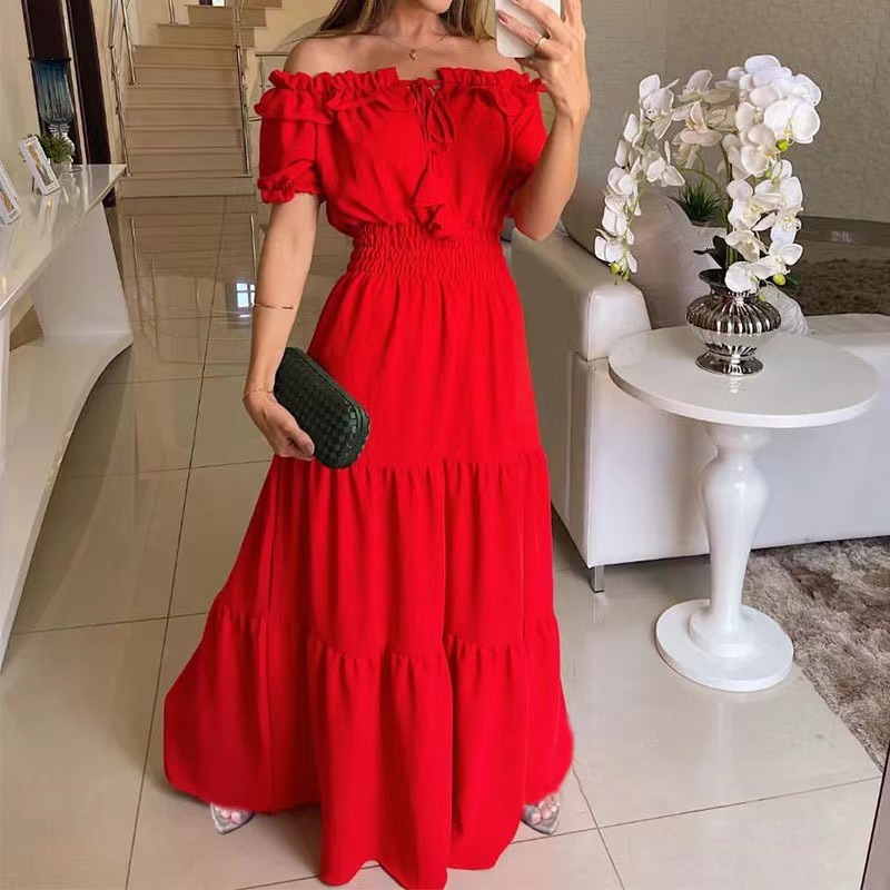 2026 New Fashion Solid Color Lotus Lace-Up Ruffle Trim Strapless Puff Sleeve Flared Dress - view 7