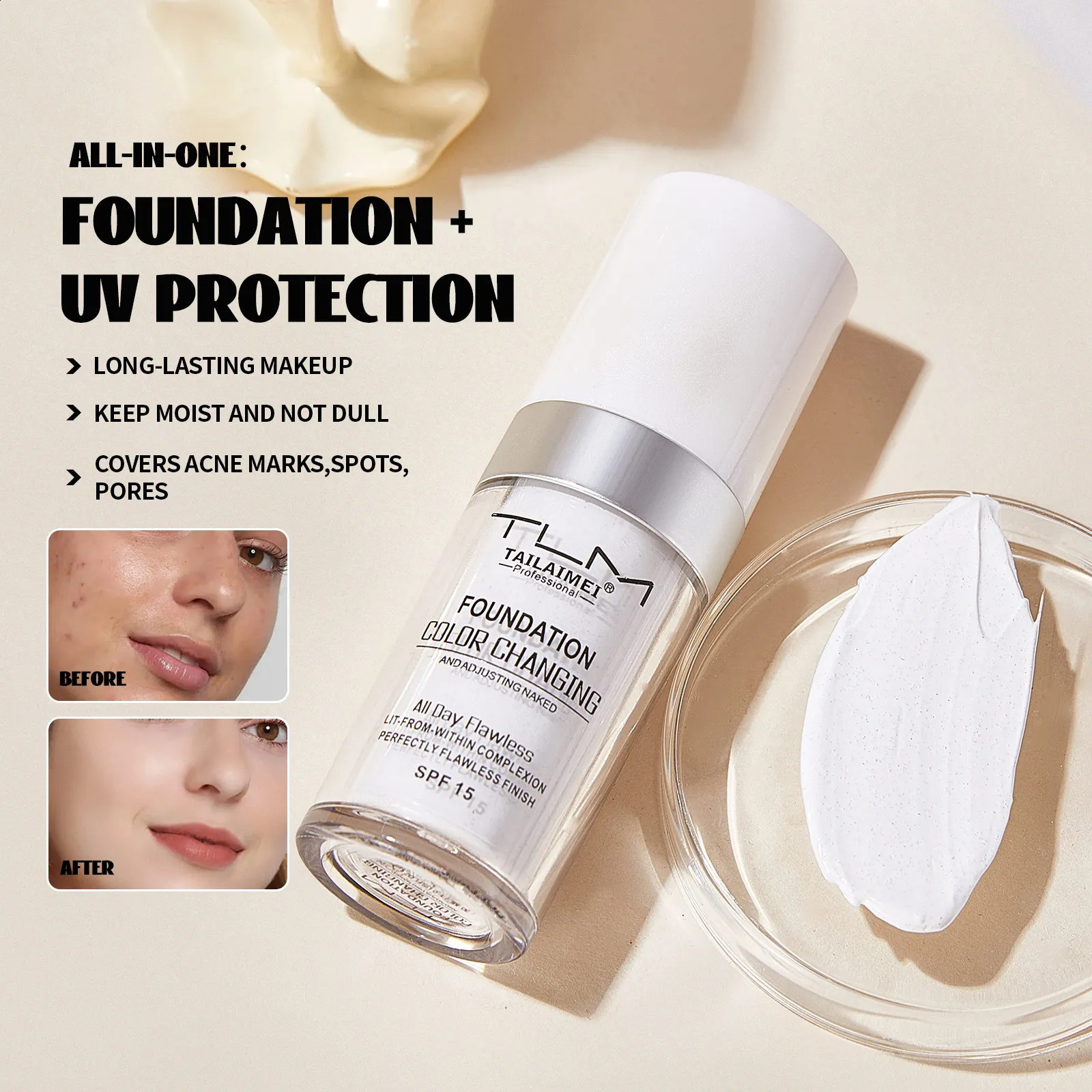 TLM Liquid Foundation Color Changing Concealer Waterproof Natural Brighten Skin Tone Face Cosmetics Makeup for Women Men 30ml 260625 - view 3
