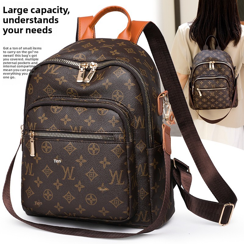 Vintage Print Women Backpack Multi Pocket Zipper Travel Rucksack Detachable Shoulder Strap PU Leather Ladies Daily School Backpacks - view 1