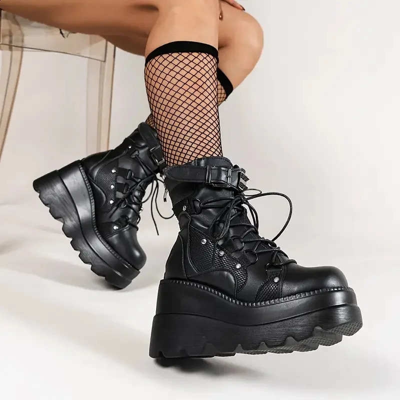 Womens Goth Cosplay Wedge Combat Ankle Boots Fashion Stylish Punk Buckle Laceup Zipper Dress Ladies Summer Outdoor Shoes 260616 - view 5