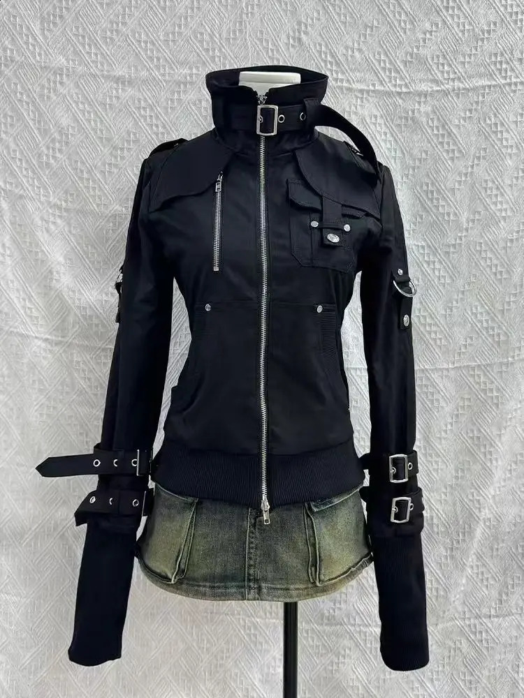 Gothic Black Slim Double Zipper Hoodie Womens Y2K American Retro Fashion Slim Oversized Cuffs Casual Motorcycle Jacket 260626 - view 5