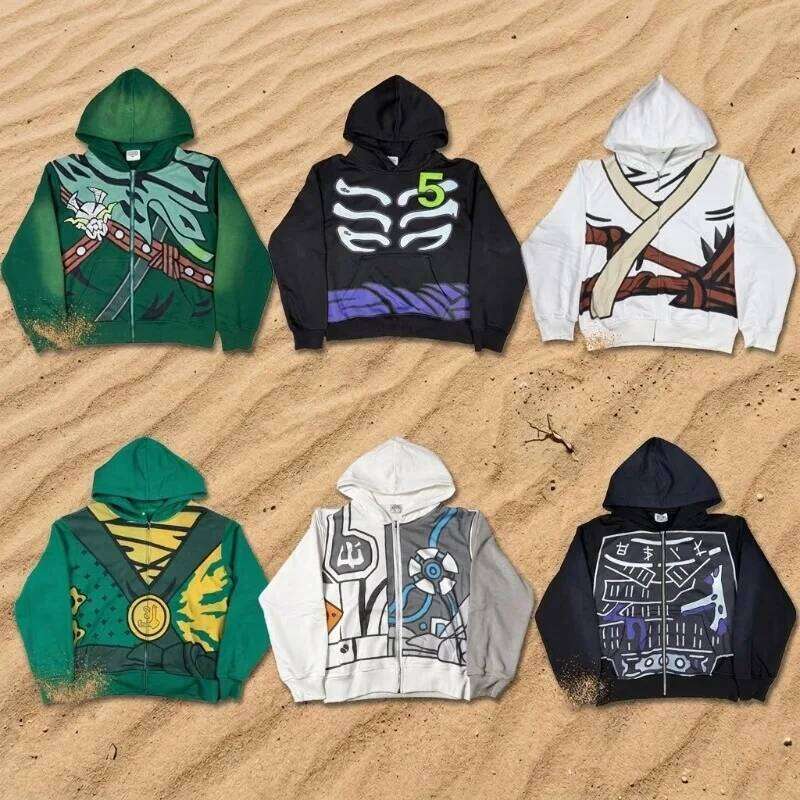 Ninja Cartoon Graphic Y2K Zip Hoodie Jacket Men Women Loose Fit Streetwear Hooded Sweatshirt Casual Hip Hop Fashion Sweatshirts W260626 - view 1