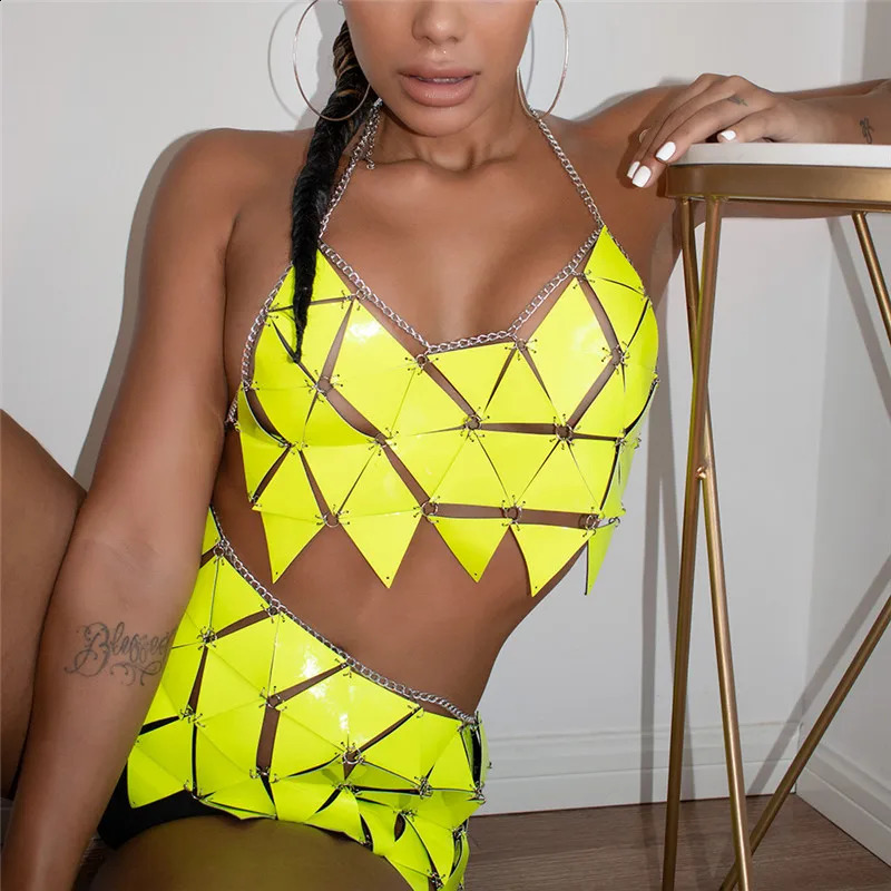 Sexy Backless Camis Hollow Out Mini Skirts Musical Festival Rave Beach Party Outfits Punk Goth PU Leather Wetlook 2 Piece Sets 260625