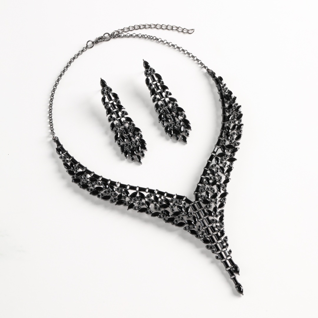 18K Gold Plated Full Zircon 2Pcs Jewelry Set V Tassel Bib Necklace Water Drop Long Dangle Earrings For Women - view 6