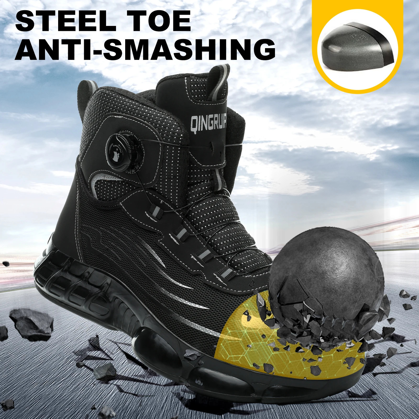 Mens high top lacefree comfortable soft sole antismash and puncture resistant work shoes 260624