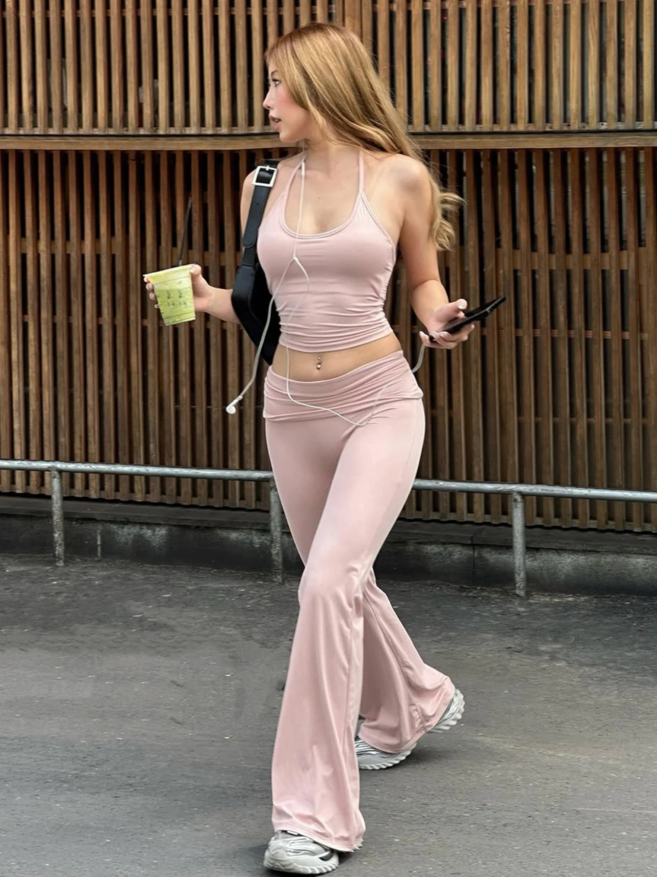 Hugcitar Fashion 2 Piece Sets Halter Soild Backless Lace Up Sexy Crop Camis Top Flare Pants Women Outfit Tracksuit Vacation Yoga 260626
