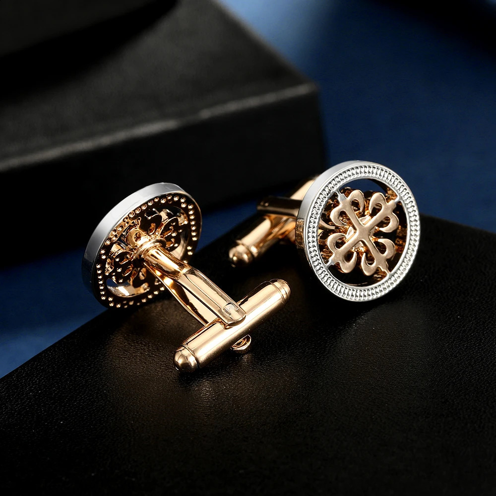 Novelty Two-Tones Hollow Out Flower Pattern Round Cufflinks Golden And Silver Plated Mens Shirt Suit Tuxedo Blouse Sleeve Button 260626 - view 5