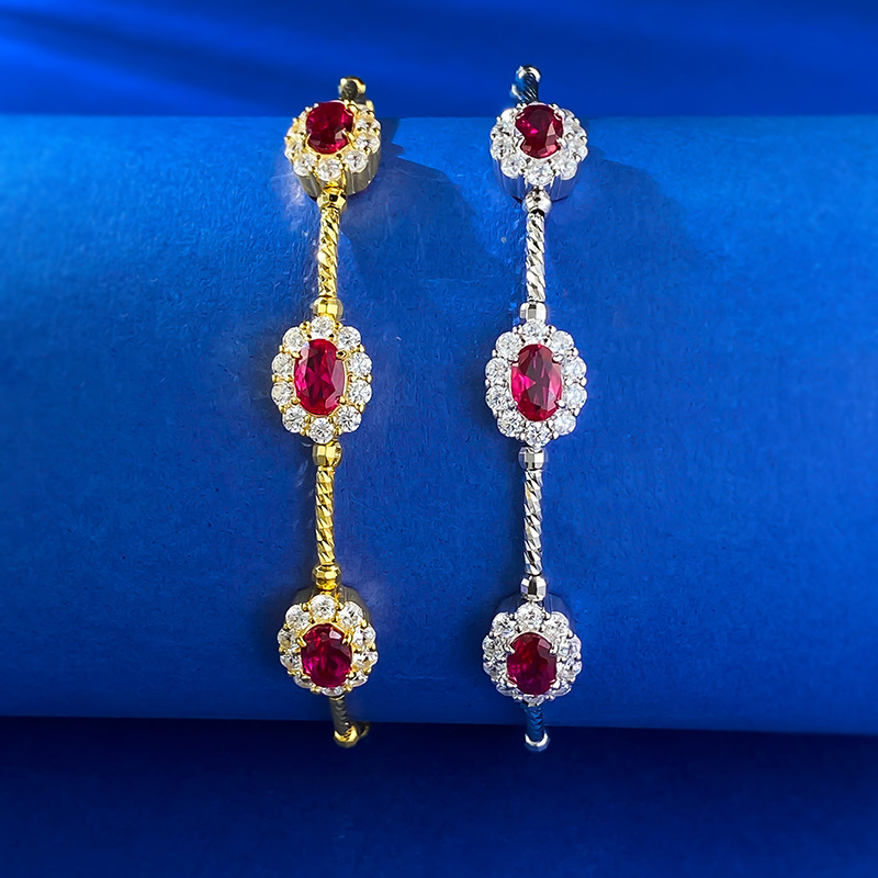 2026 Choucong Sparkling Wedding Bangle Luxury Jewelry Genuine 100% 925 Sterling Silver Oval Cut Ruby Court Party Elegant Spring Women Flower Bracelet  - view 5