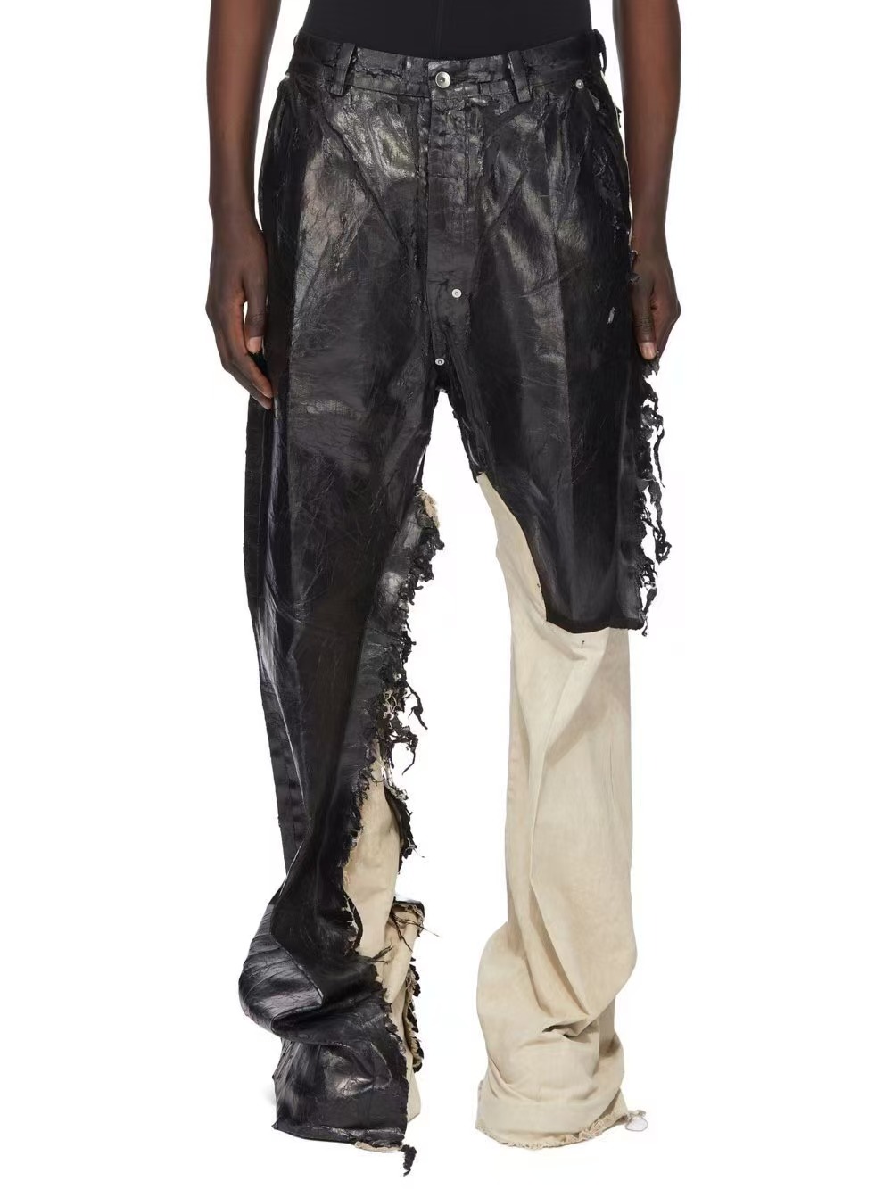 New R waxed surface color-block wide-leg pants pure cotton denim splicing casual pants O color-fast multiple washes personalized pants - view 9