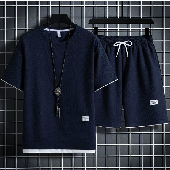 Summer New Waffle Pattern Suit, Korean Style Loose Fit, Men's Youth Solid Color Simple Short-Sleeve Shorts - view 6