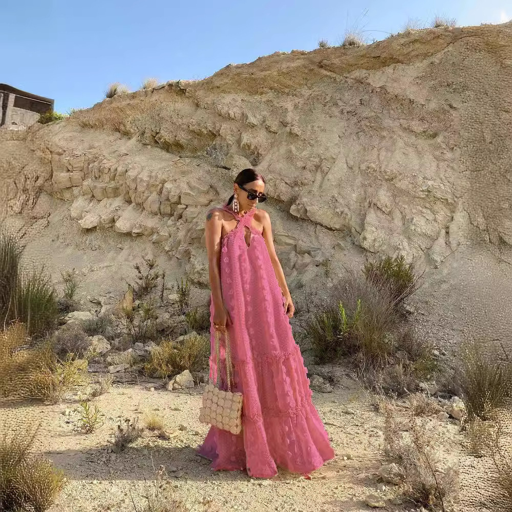Fashionable Halter Neck Three-Dimensional Floral Floor-Length Cake Dress - view 6