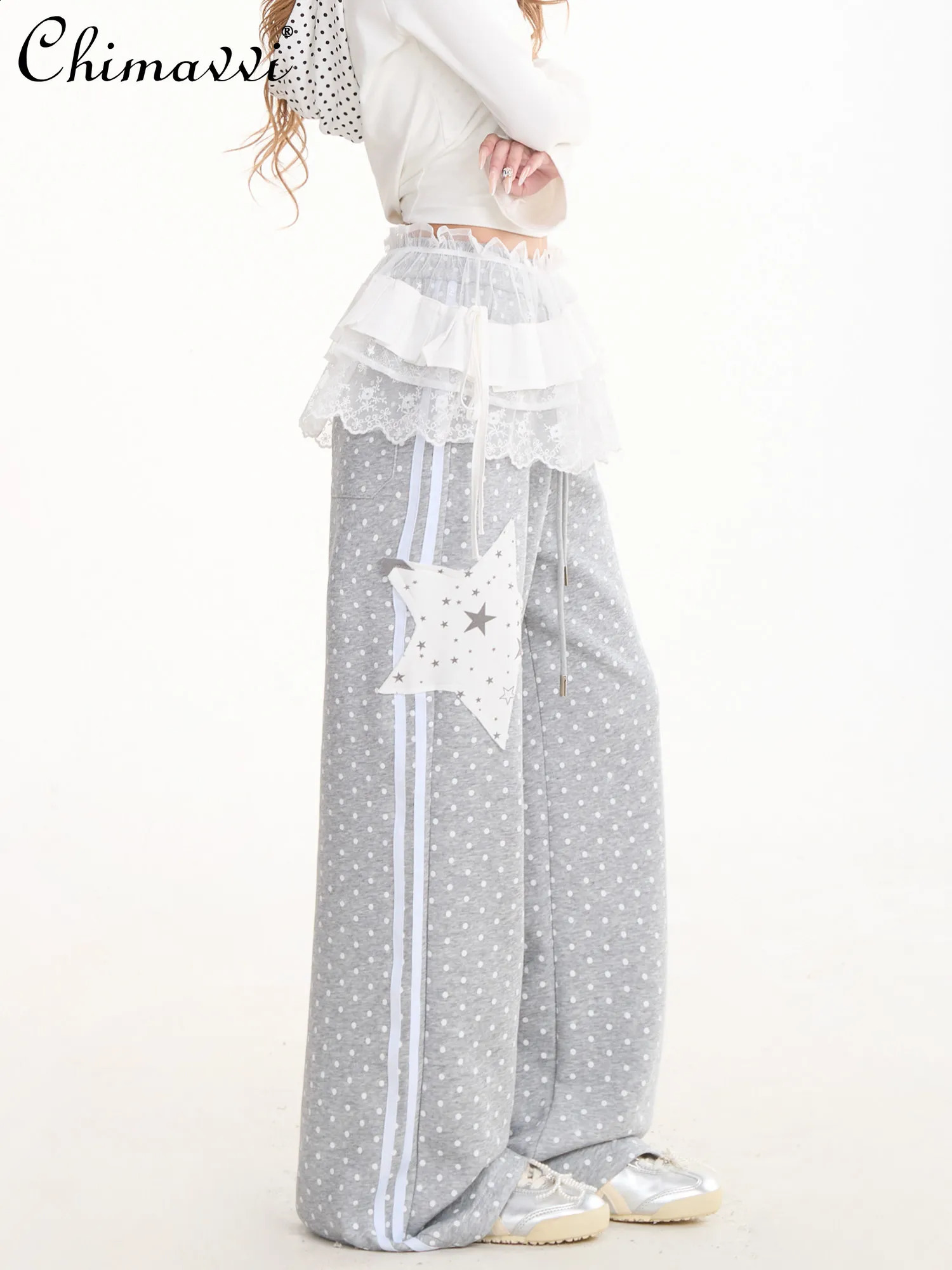Japanese Fashion Cute Polka Dot Allover Printed Star Patch Sweatpants Women Summer Retro Straightleg Draped Casual Pants 260625 - view 6