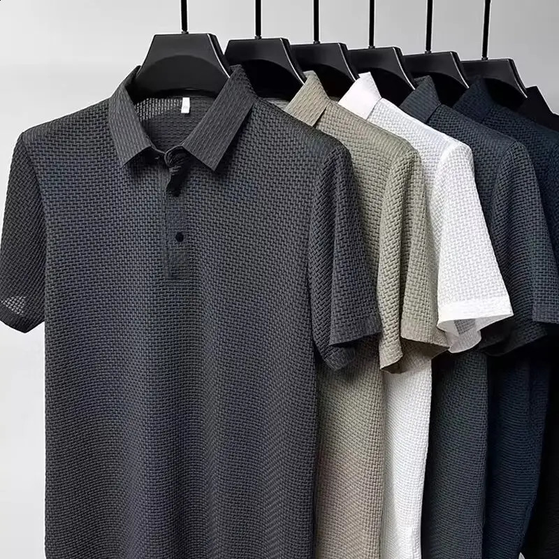 Summer Mens Lop-up Hollow Short-sleeved Polo Tee Shirt Ice Silk Breathable Business Fashion T-Shirt Male Clothes 260714 - view 3