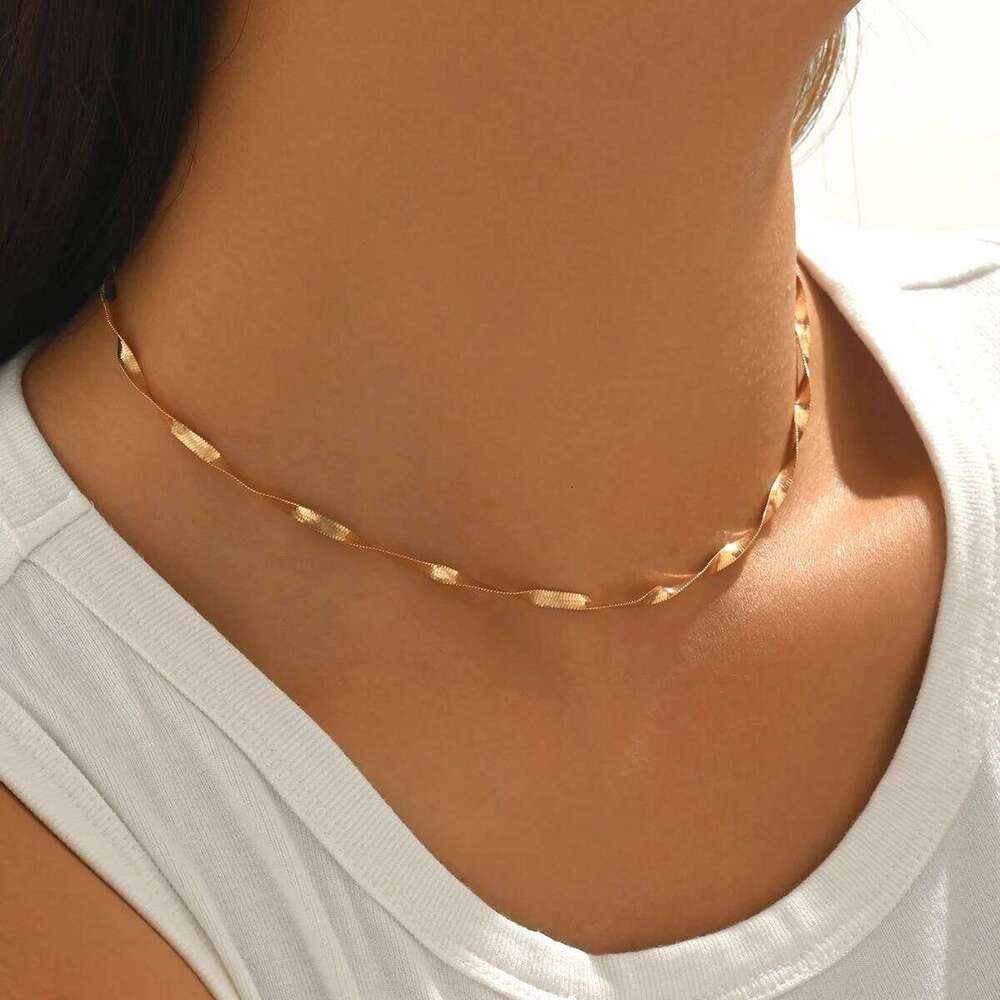 Herringbone Women Men Dainty Twisted Snake Choker Flat Link Chain Necklace For Daily Wear Party Jewelry - view 3
