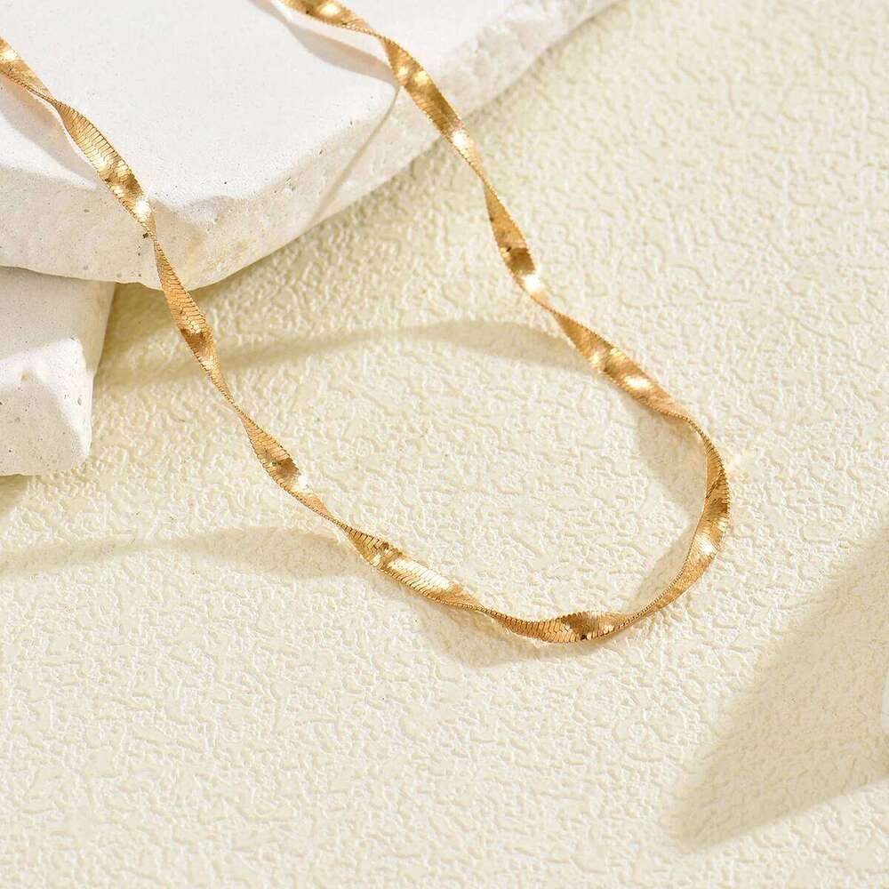 Herringbone Women Men Dainty Twisted Snake Choker Flat Link Chain Necklace For Daily Wear Party Jewelry - view 5
