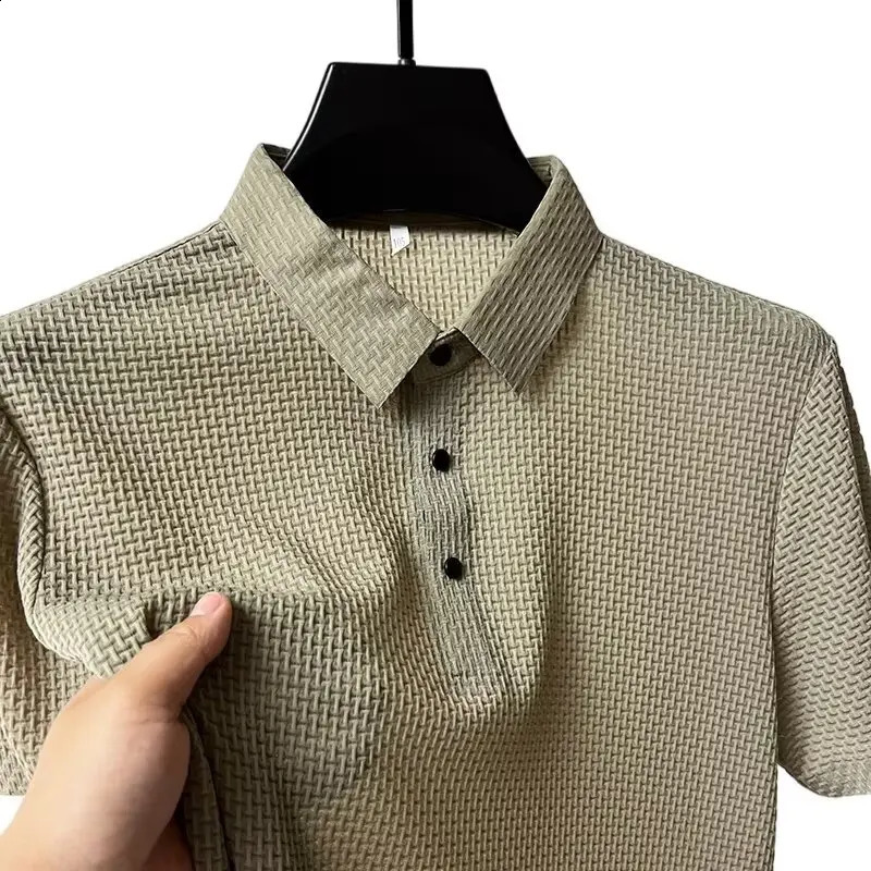 Summer Mens Lop-up Hollow Short-sleeved Polo Tee Shirt Ice Silk Breathable Business Fashion T-Shirt Male Clothes 260714 - view 4