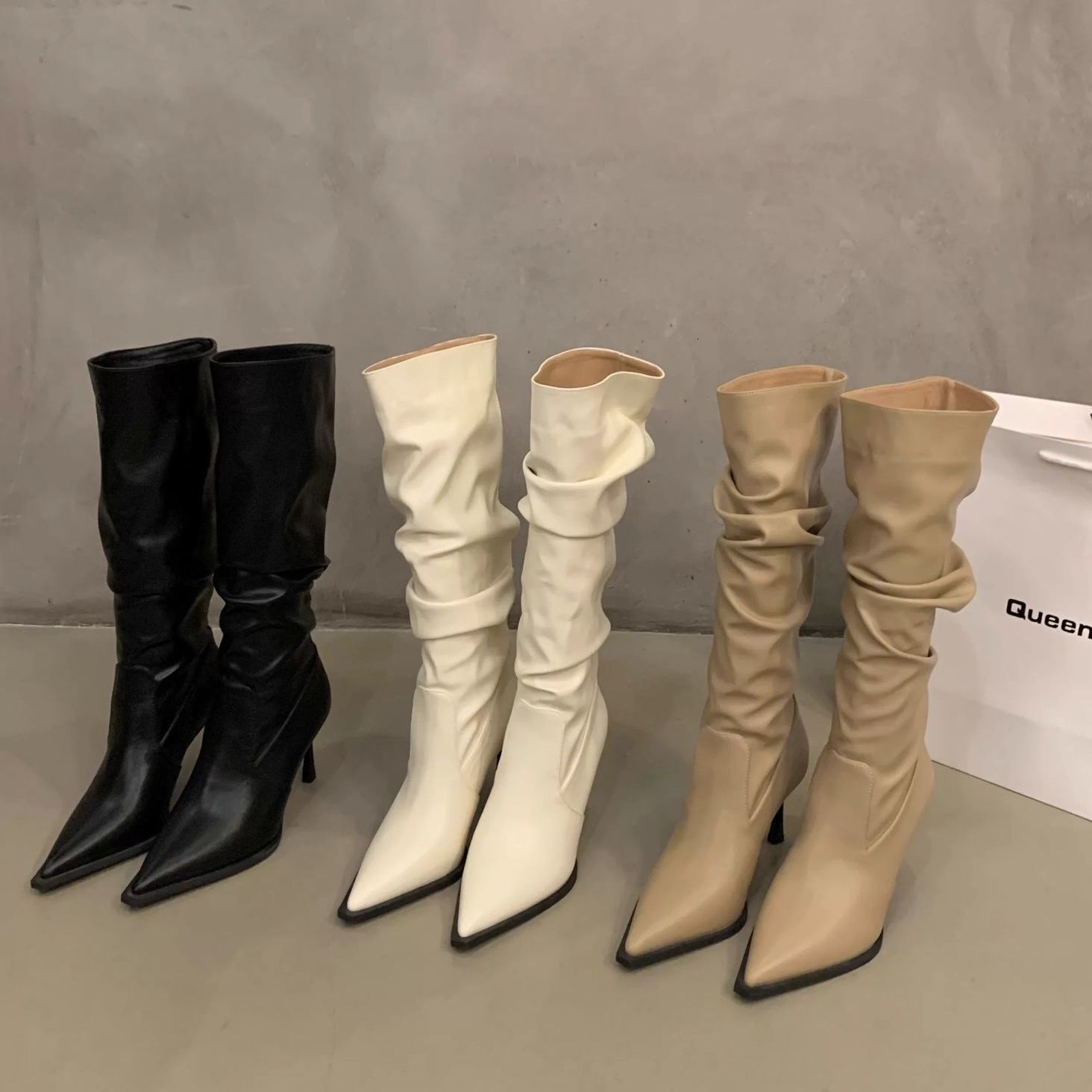 Slouch Fold Shaft Pointed Toe Stiletto Mid Knee Boots Women Soft Faux Leather Daily Party Tall Boots - view 5