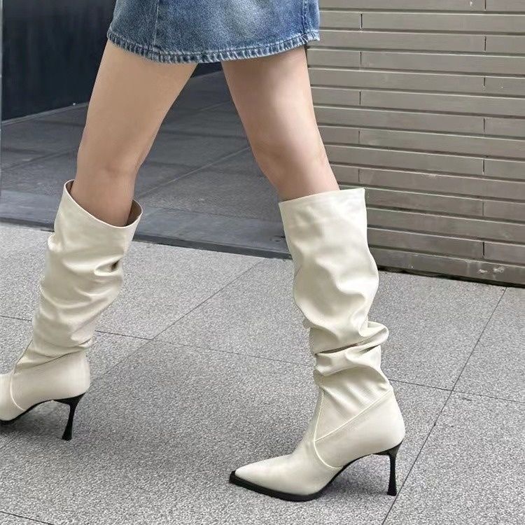 Slouch Fold Shaft Pointed Toe Stiletto Mid Knee Boots Women Soft Faux Leather Daily Party Tall Boots - view 3