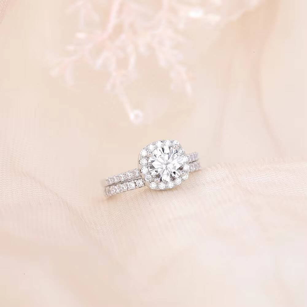 OAHLAN Rhodium 925 Sterling Silver Bridal Engagement Rings Set 15CT Cut Moissanite Halo Moissanite Wedding Womens Fashion Jewelry - view 5