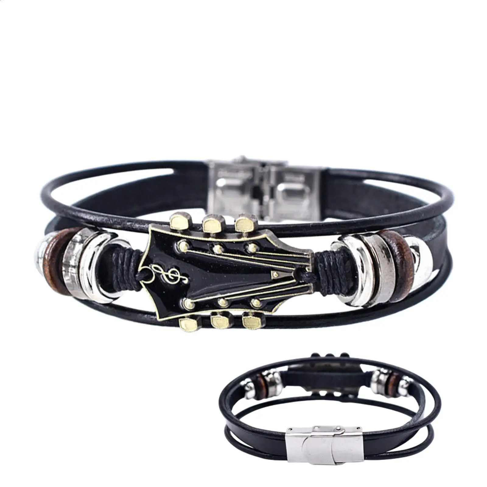 Retro Faux Leather Guitar Bracelet Punk Rock Music Guitar Genuine Leather Bracelet Handmade Braided Multi-Layer Wrap Bracelet 260623
