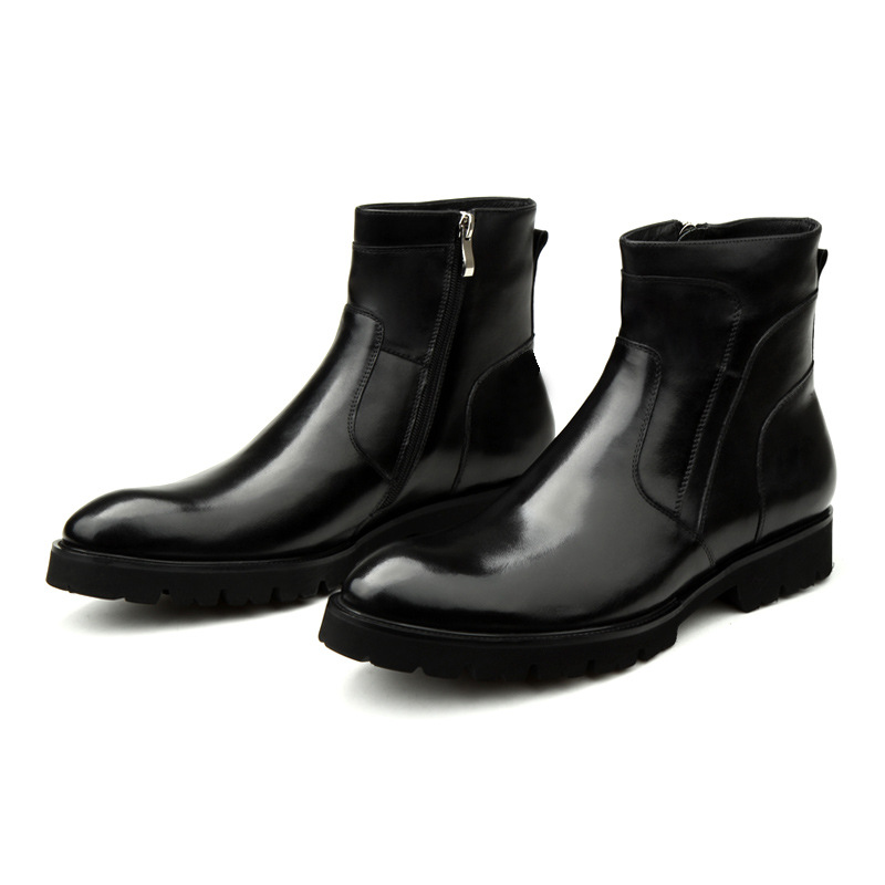 Men Glossy Genuine Leather Chelsea Ankle Boots Side Zipper Pointed Toe Thick Platform Sole Formal Business Dress Boots Male Wedding Party Leather Boot - view 8