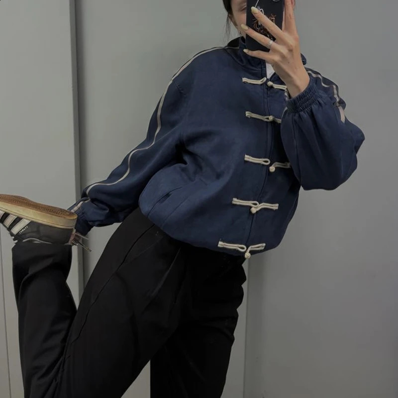 Womens Chinese Frog Buttondown Loose Fit Jacket Y2k Vintage Zip Up Sweatshirt Funnel Neck Bomber Preppy Streetwear 260723 - view 5