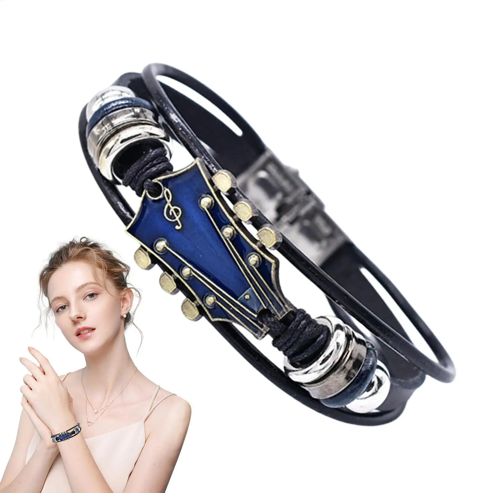 Retro Faux Leather Guitar Bracelet Punk Rock Music Guitar Genuine Leather Bracelet Handmade Braided Multi-Layer Wrap Bracelet 260623 - view 5